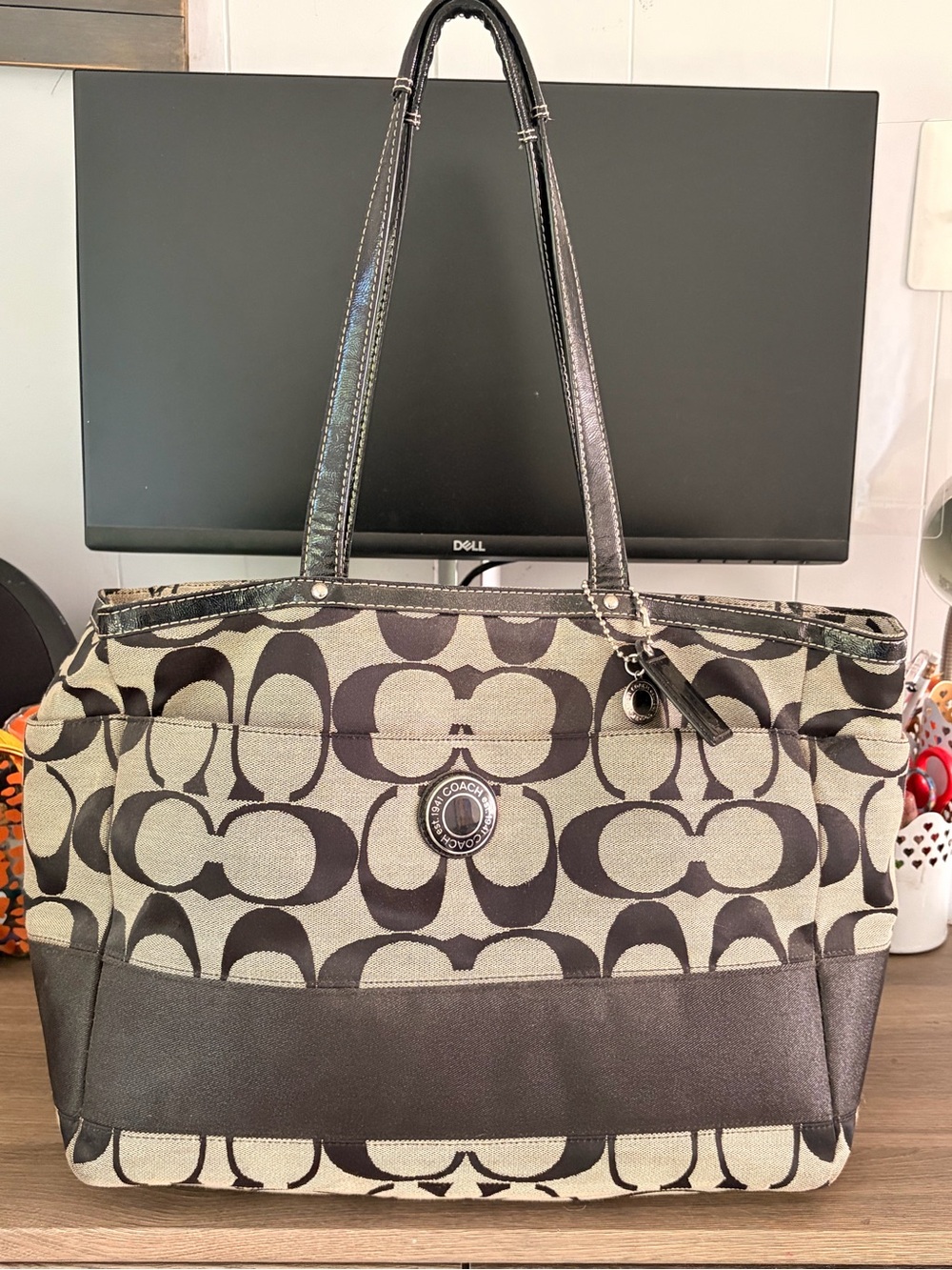 Coach Khaki and Black Signature Canvas Shoulder Tote/Diaper Bag